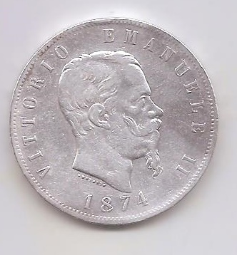 ITALIA DEL AÑO 1874 DE 5 LIRAS